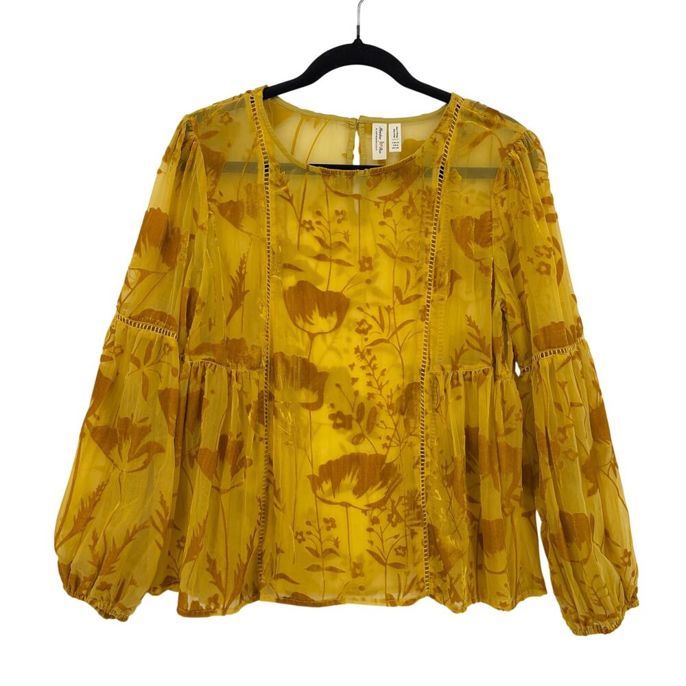 Anthropologie Meadow Rue Size 8 Yolanda Top Yellow Velvet Burnout Sheer Floral